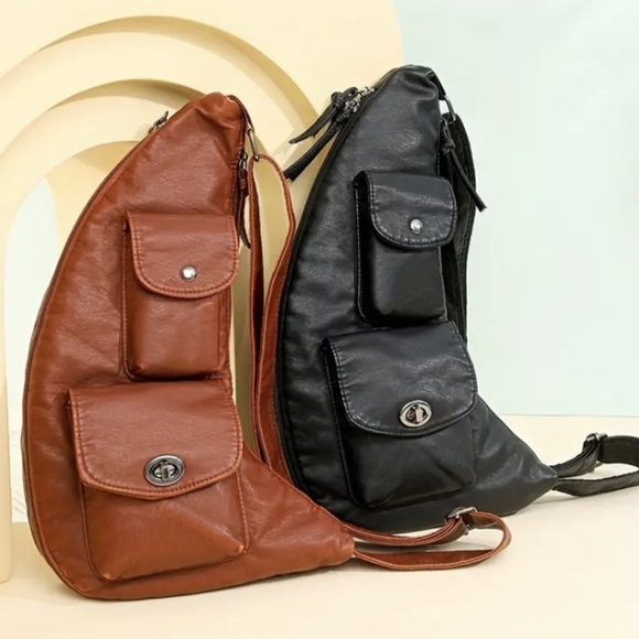 Black Sleek Vegan Leather Minimalist Chest/Sling/Crossbody Bag NEW - Picture 2 of 7